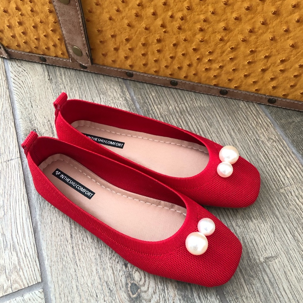 Stylish Red Flats with Pearl Details
